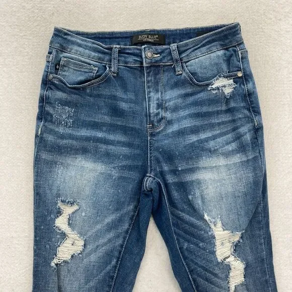Judy Blue Jeans Women's 7/28 Skinny Fit Medium Blue Stretch Denim Distressed - Picture 2 of 14